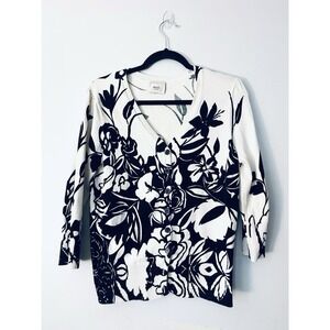 ECI New York Women's S Small Button Cardigan 3/4 Sleeve White Black Floral CUTE!
